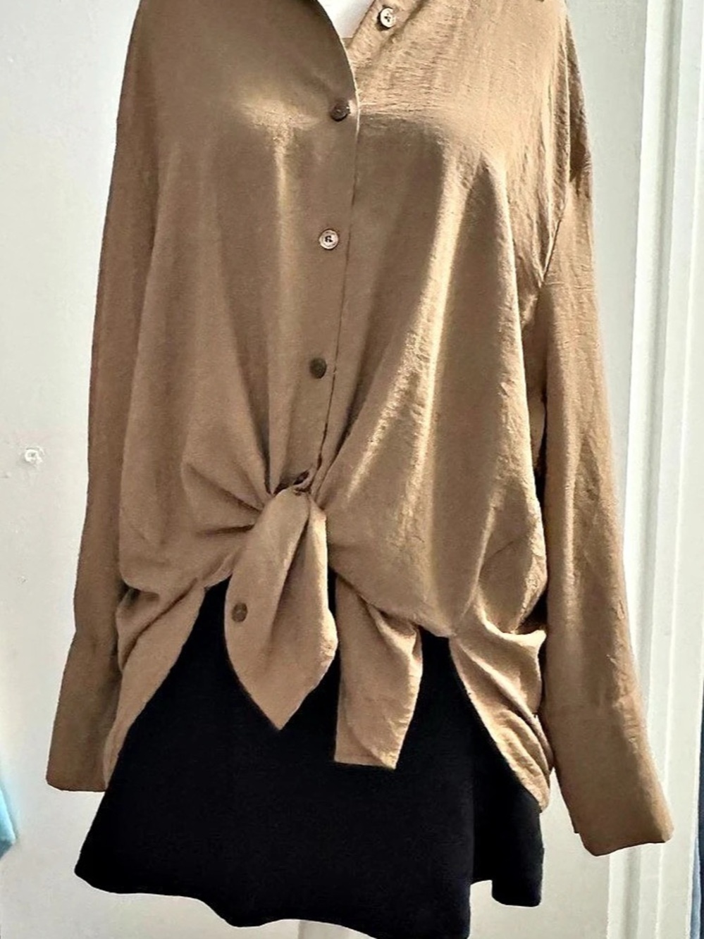 Commense Button Front Tie-Front Top in Brown XS Like New